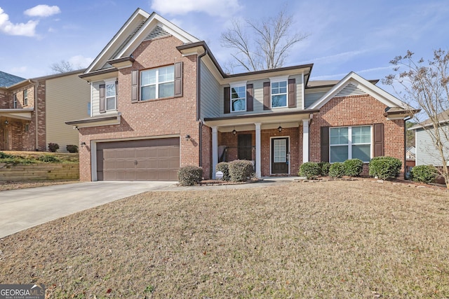 view of front of house featuring brick siding, a front lawn, concrete driveway, covered porch, and a garage