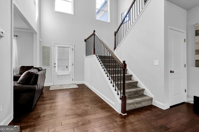 entryway featuring a high ceiling and dark hardwood / wood-style floors