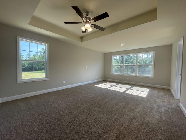 spare room featuring ceiling fan, a tray ceiling, carpet floors, and a healthy amount of sunlight