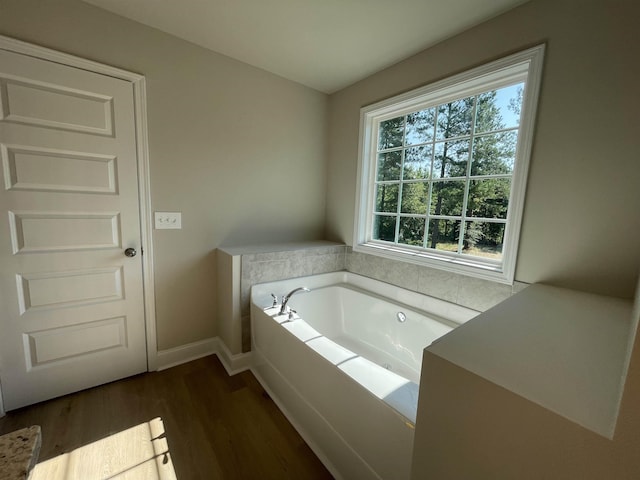 bathroom with hardwood / wood-style flooring and a bath