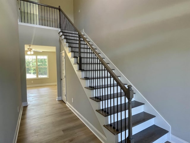 stairway with a high ceiling, hardwood / wood-style floors, and ceiling fan