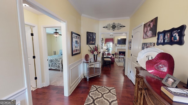 corridor featuring crown molding and dark hardwood / wood-style floors