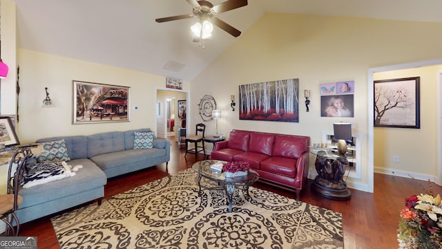 living room featuring dark wood-type flooring, high vaulted ceiling, and ceiling fan