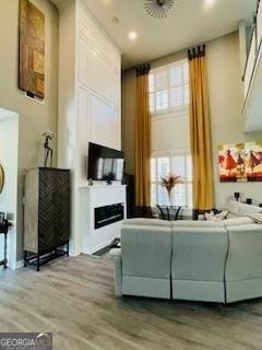 living room featuring a towering ceiling and light wood-type flooring