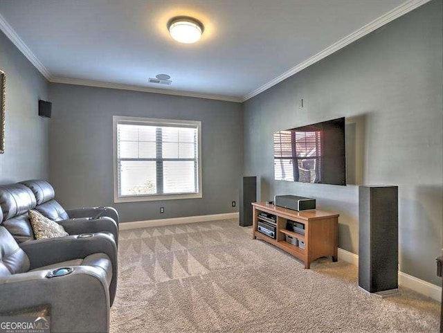 sitting room featuring crown molding and light carpet