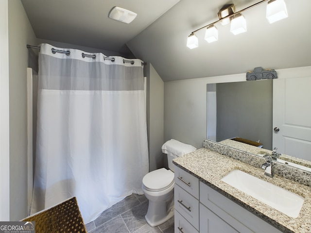 bathroom with vanity, lofted ceiling, and toilet