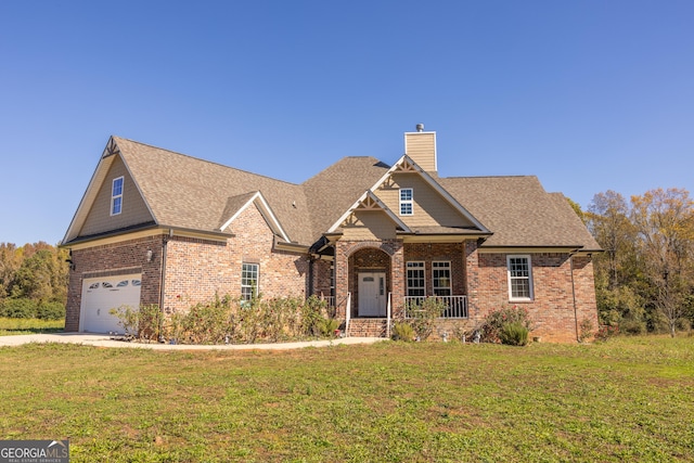 craftsman inspired home with a garage, covered porch, and a front lawn