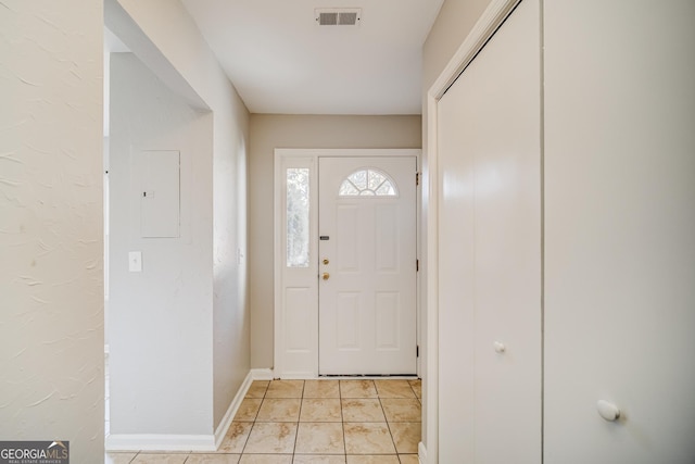 entrance foyer with light tile patterned floors and electric panel