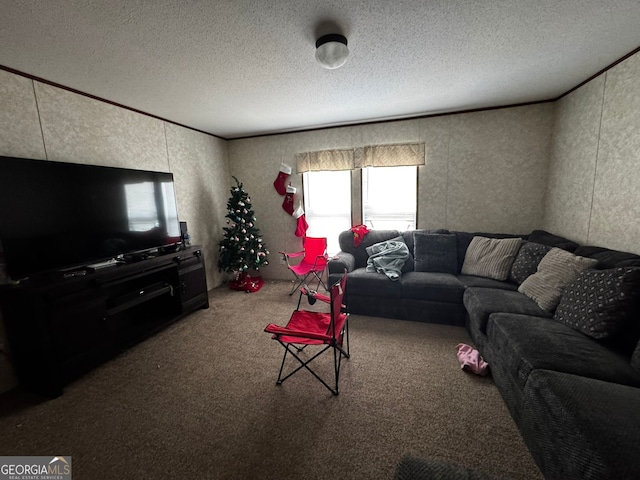 carpeted living room featuring crown molding and a textured ceiling