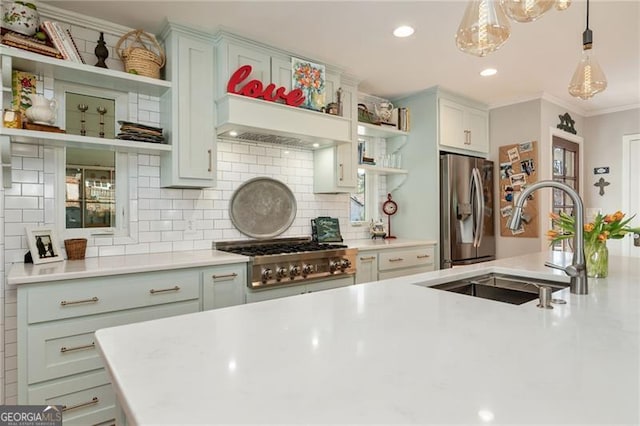 kitchen featuring open shelves, decorative backsplash, a sink, and stainless steel appliances