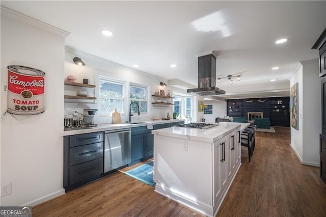 kitchen featuring a breakfast bar, white cabinetry, a kitchen island, island exhaust hood, and stainless steel appliances