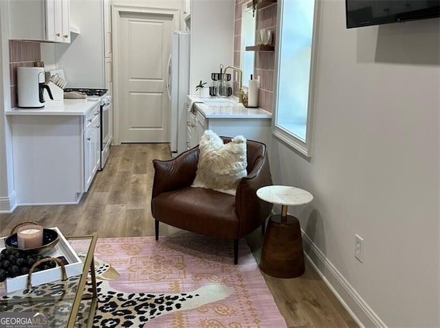 sitting room with sink and light hardwood / wood-style flooring