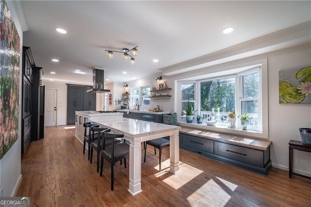 dining area featuring dark wood-type flooring, crown molding, and sink