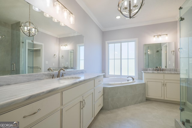 bathroom featuring ornamental molding, separate shower and tub, vanity, and a chandelier