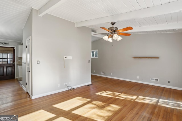 unfurnished living room featuring hardwood / wood-style flooring, ceiling fan, and lofted ceiling with beams