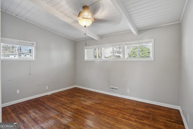 spare room featuring wood ceiling, ceiling fan, dark hardwood / wood-style flooring, and lofted ceiling with beams