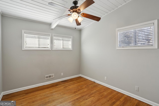 unfurnished room featuring ceiling fan, hardwood / wood-style flooring, wooden ceiling, and beamed ceiling