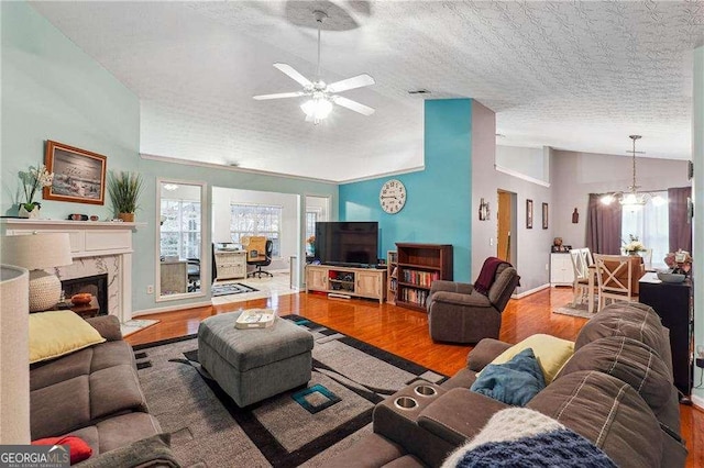 living room with wood-type flooring, high vaulted ceiling, a premium fireplace, and a textured ceiling