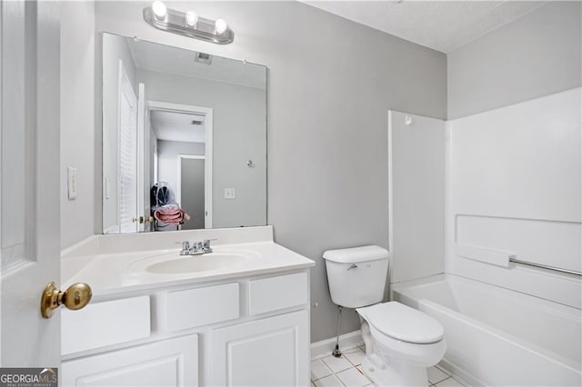 full bathroom with bathtub / shower combination, tile patterned floors, vanity, and toilet