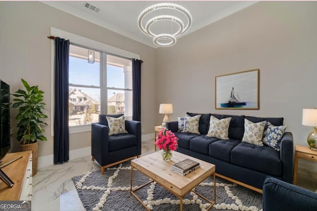 1785 Traditions Way, Jefferson, GA 30549 - living area featuring marble finish floors, a chandelier, and baseboards