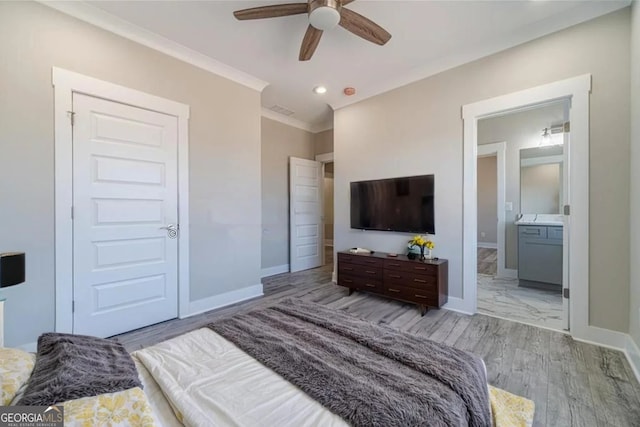 1785 Traditions Way, Jefferson, GA 30549 - bedroom featuring baseboards, recessed lighting, ornamental molding, ensuite bathroom, and ceiling fan