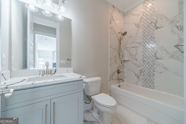 full bathroom with marble finish floor, vanity, toilet, and bathing tub / shower combination