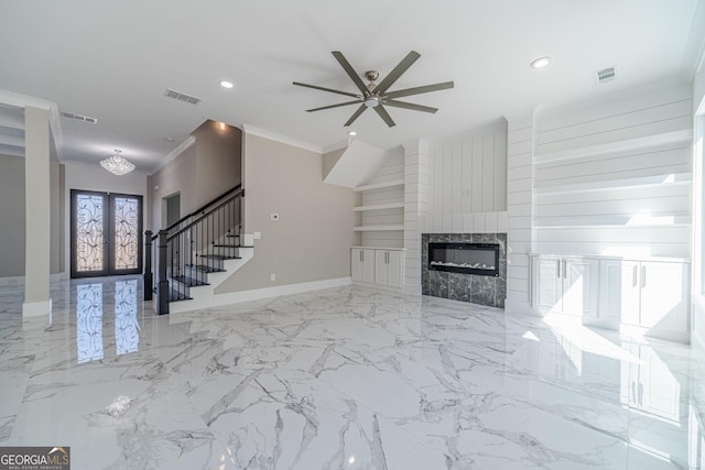 1785 Traditions Way, Jefferson, GA 30549 - unfurnished living room featuring ceiling fan, baseboards, crown molding, stairs, and recessed lighting