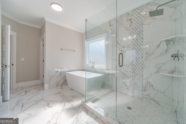 bathroom featuring marble finish floor, a marble finish shower, crown molding, and a soaking tub