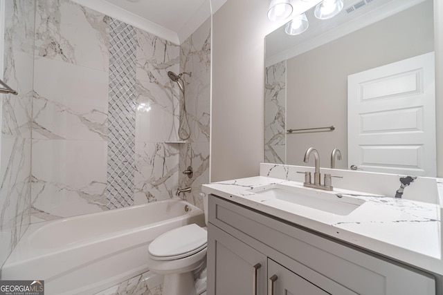 full bath with visible vents, bathing tub / shower combination, toilet, marble finish floor, and vanity