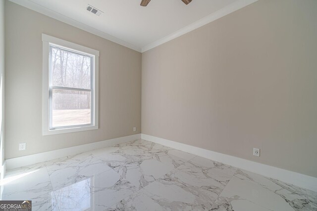 unfurnished bedroom with crown molding, ceiling fan, and a closet