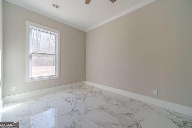 unfurnished room with a ceiling fan, baseboards, visible vents, marble finish floor, and crown molding