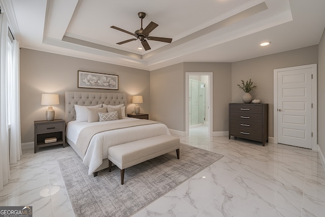 1785 Traditions Way, Jefferson, GA 30549 - bedroom featuring a tray ceiling, light marble finish flooring, recessed lighting, baseboards, and a ceiling fan