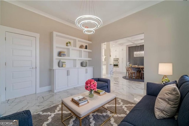 1785 Traditions Way, Jefferson, GA 30549 - living area with a chandelier, marble finish floors, ornamental molding, and baseboards