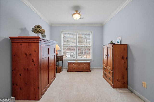 interior space featuring ornamental molding and light colored carpet