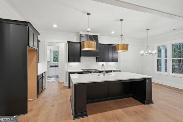 kitchen featuring light hardwood / wood-style flooring, sink, a center island with sink, and decorative light fixtures