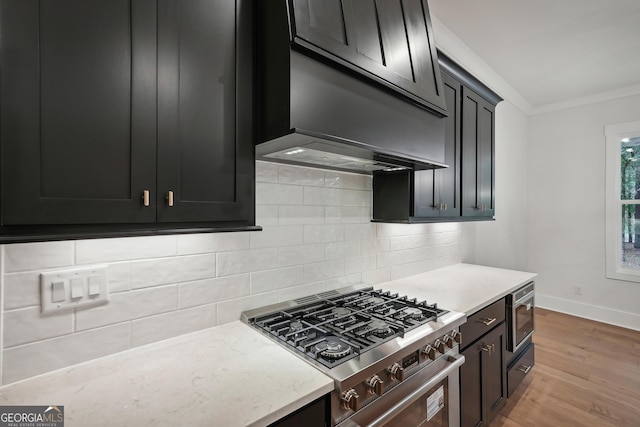 kitchen with tasteful backsplash, stainless steel appliances, crown molding, custom range hood, and light wood-type flooring