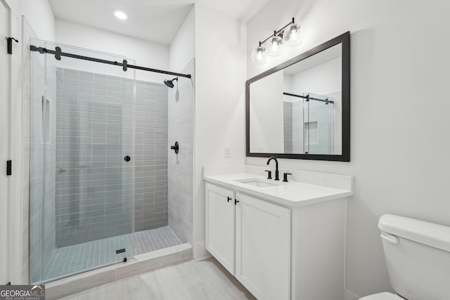 bathroom with vanity, toilet, and an enclosed shower