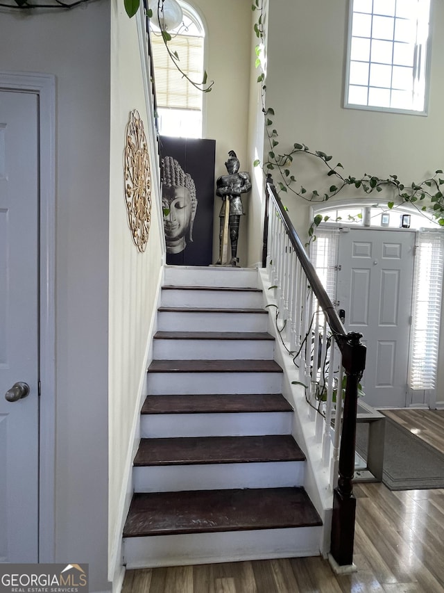 stairs with hardwood / wood-style floors