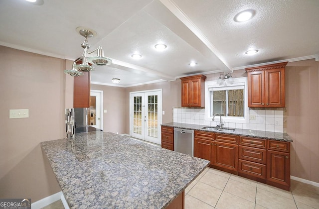 kitchen featuring dishwasher, sink, backsplash, ornamental molding, and french doors