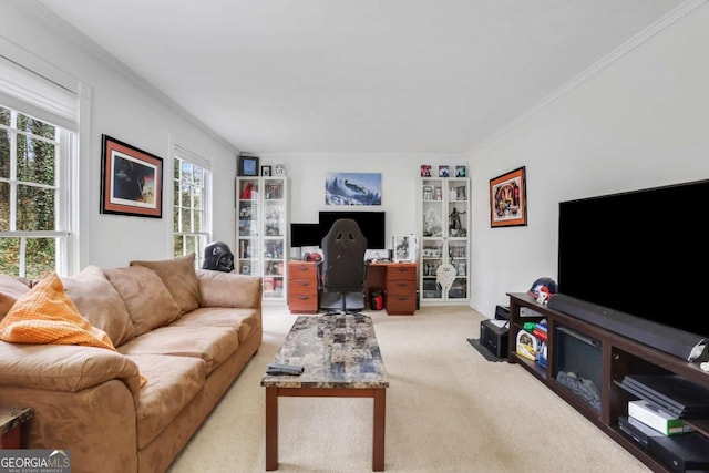 living room featuring ornamental molding and light carpet