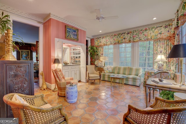 living room featuring ceiling fan