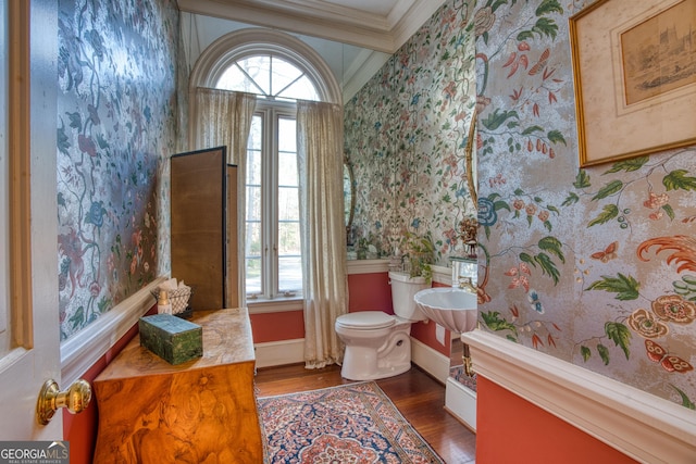 bathroom with hardwood / wood-style flooring, ornamental molding, and toilet