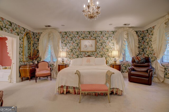 corridor with crown molding, light carpet, and a notable chandelier