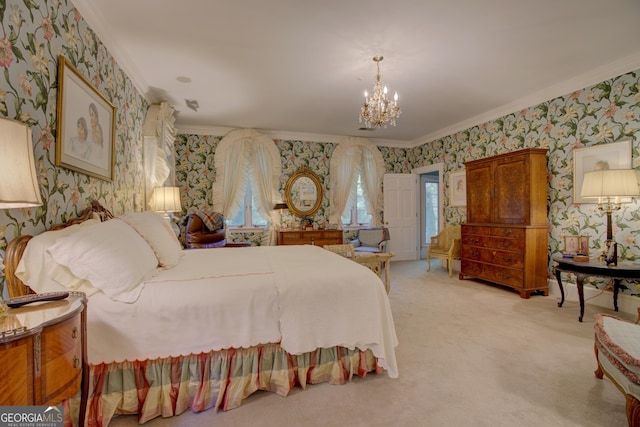 bedroom with crown molding, light carpet, and an inviting chandelier