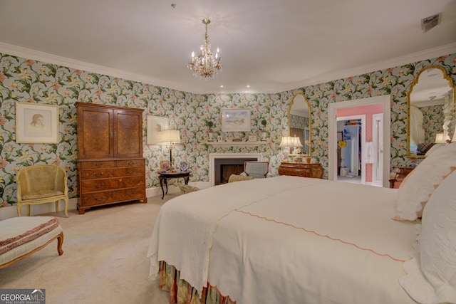 bedroom featuring ornamental molding, light colored carpet, and an inviting chandelier