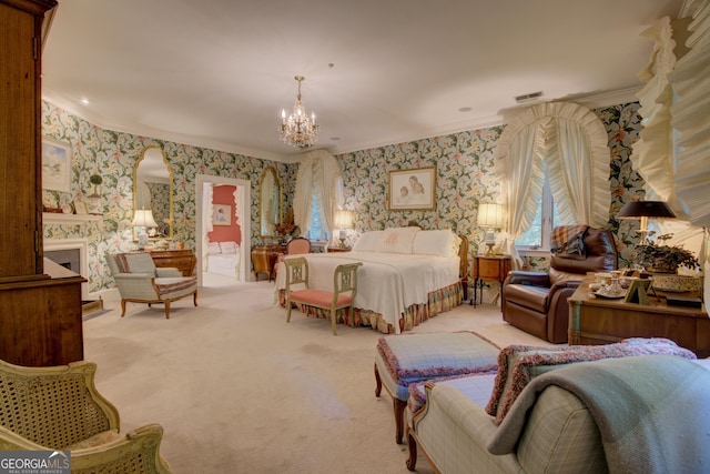 bedroom with ornamental molding, light carpet, and a notable chandelier