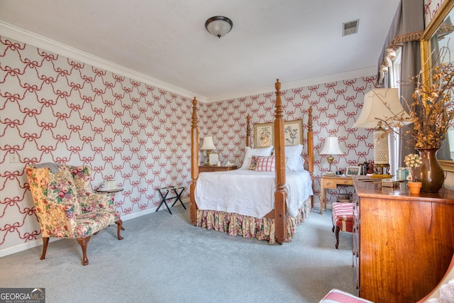 carpeted bedroom with crown molding