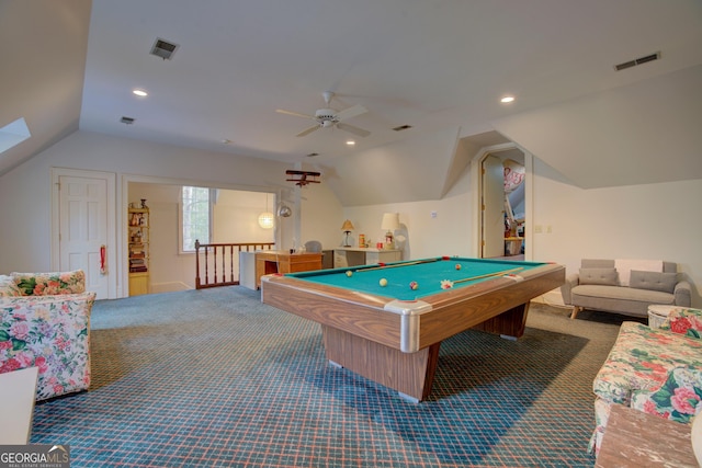 game room featuring dark colored carpet, lofted ceiling, pool table, and ceiling fan