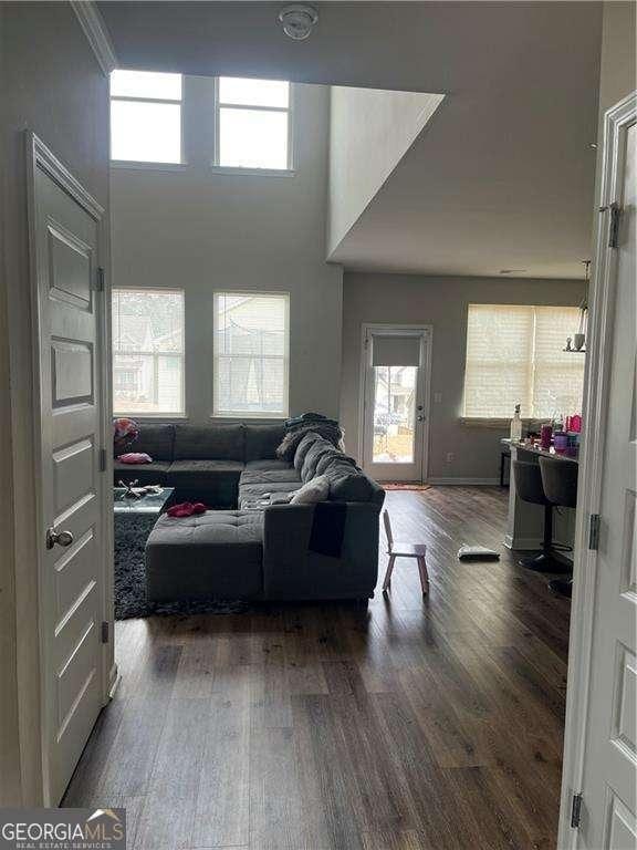 living room with dark hardwood / wood-style floors and a towering ceiling