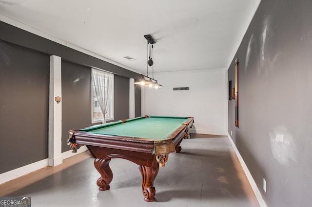 game room with billiards, concrete floors, visible vents, and baseboards